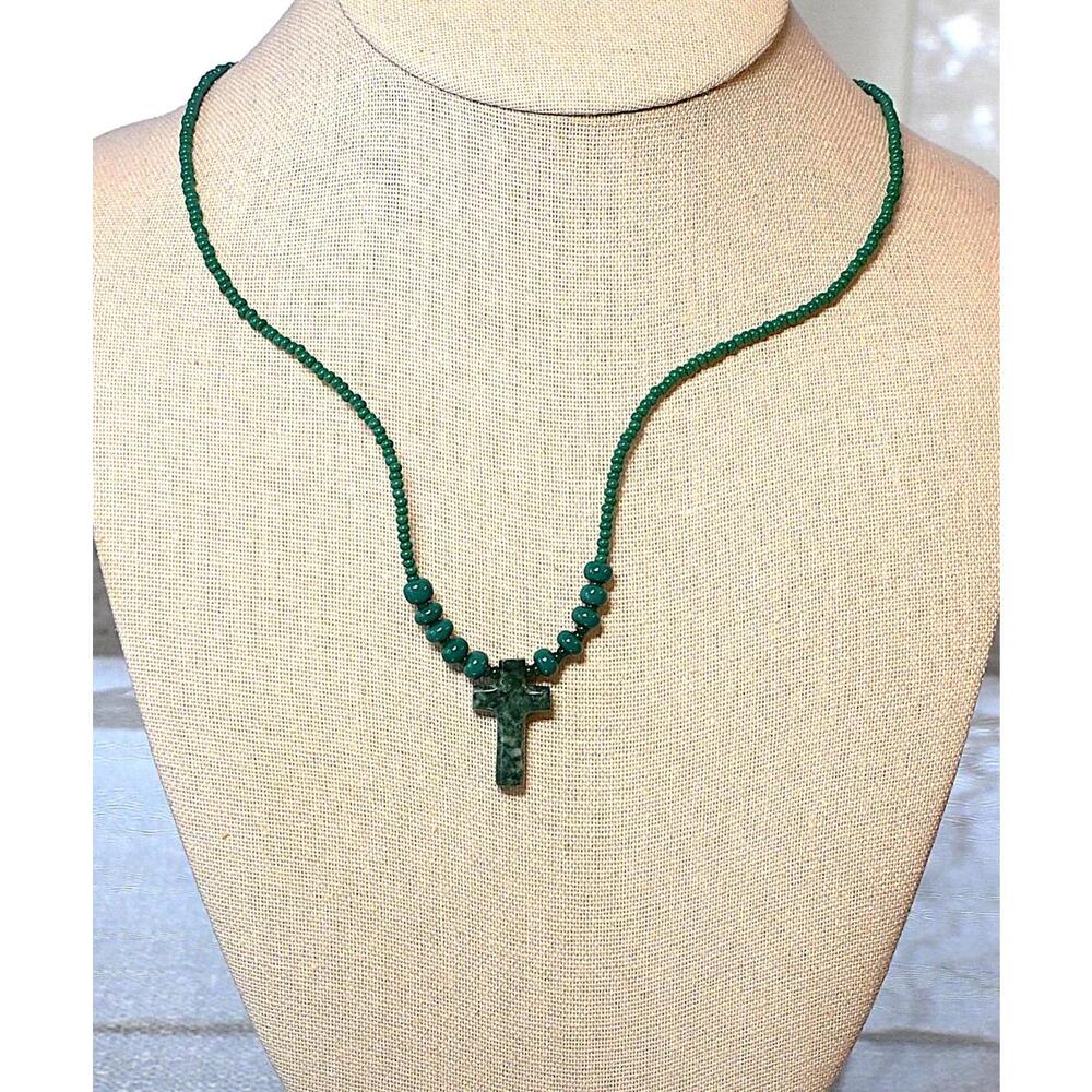 Handcrafted Green Beaded Cross Necklace - 18"